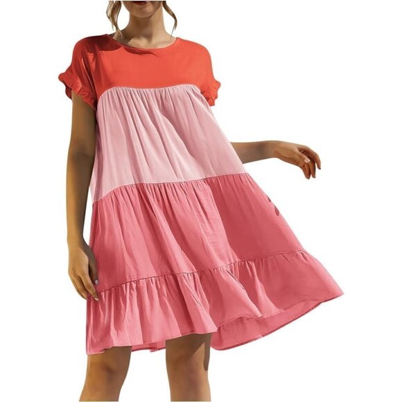 Boutique Red & Pink Ruffle Colorblock Shift Mini Dress S - Picture 1 of 4